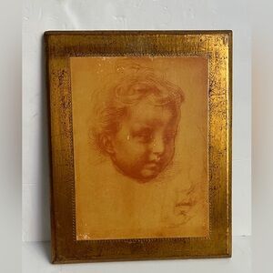 Vintage Wooden Gilded Plaque Head of a Child by Andrea del Sarto, Made In Italy